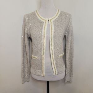 Matilda Cardigan Womens Small Beige Sequin Gold Trim Sweater